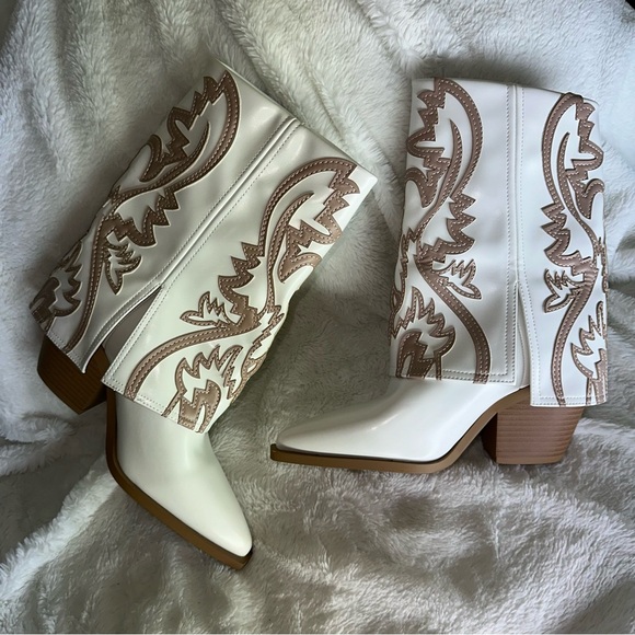 Azalea Wang Esperanza Cowboy Heeled Boot White Beige 6 Bohemian Country Concert - Picture 5 of 14